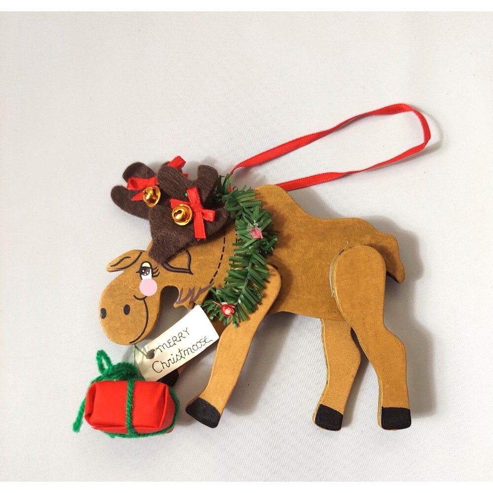 Vintage Wood Christmas Ornament Moose Reindeer 5 Inches Long